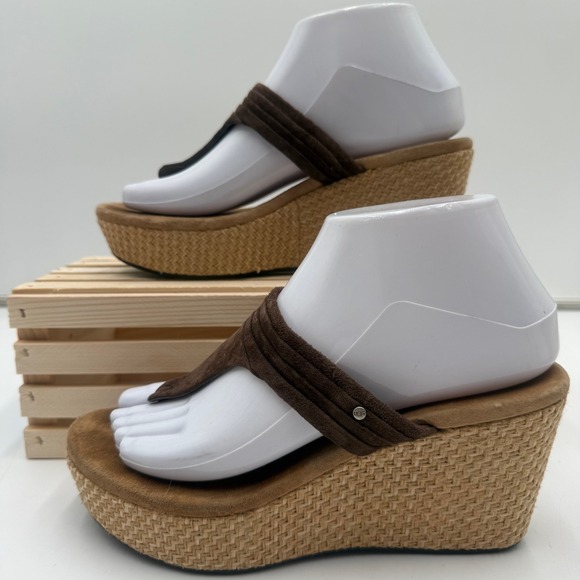UGG Australia Shoes - UGG Zamora Suede Woven Platform Thong Wedge Espadrille Sandals Size 7 Brown